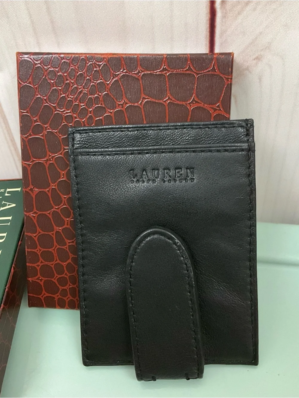 Lauren Ralph Lauren Black Leather Men's Card Case Wallet with Magnetic Clip